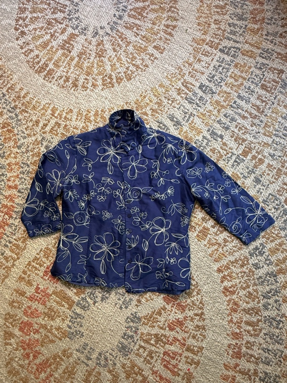 Carole Little Navy Silk Jacket with Light Floral Embroidery